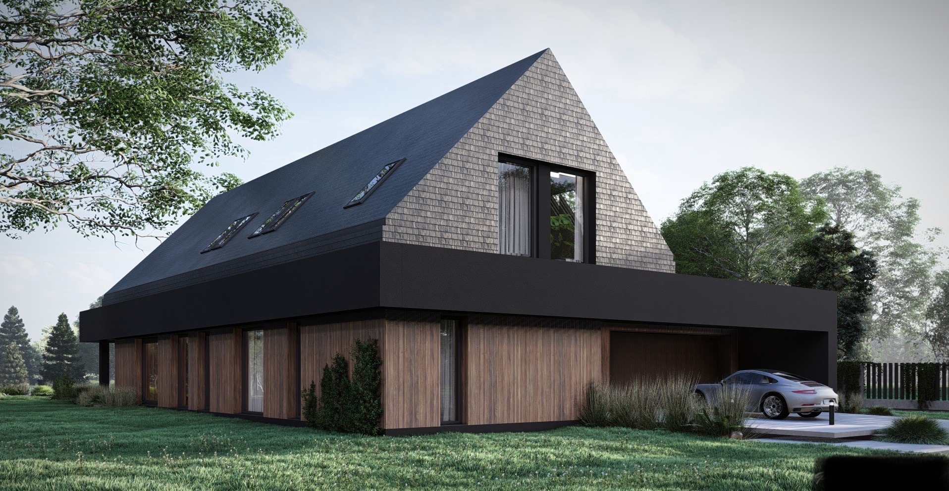 Nowoczesny dom z dachem krytym łupkiem, drewnianą elewacją i garażem z sportowym autem. Minimalistyczny design, duże okna, otoczenie zieleni. Architektura.