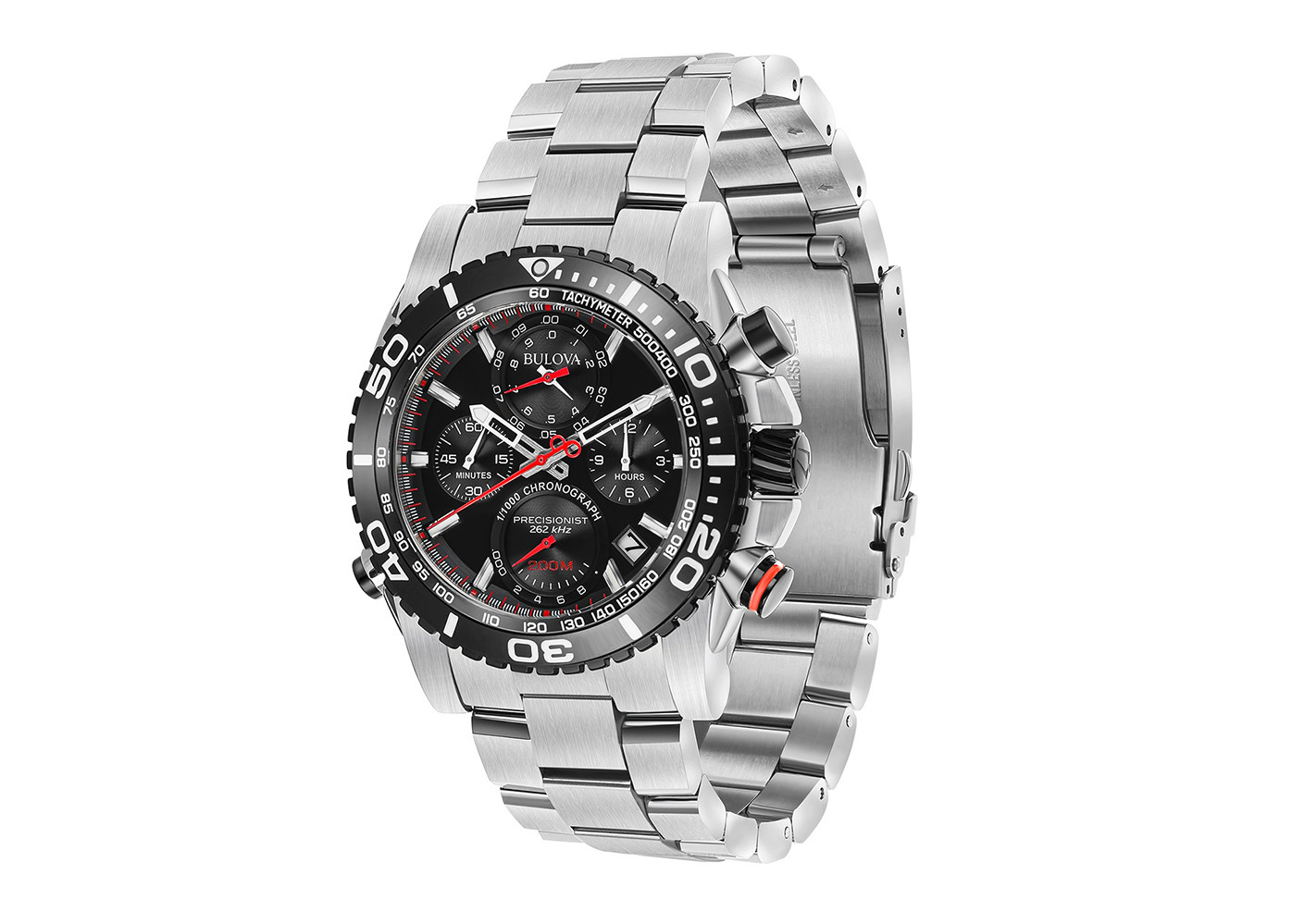 Srebrny męski zegarek Bulova Precisionist Chronograph z czarną tarczą, czerwonymi akcentami i metalową bransoletą na białym tle, widoczny z boku.