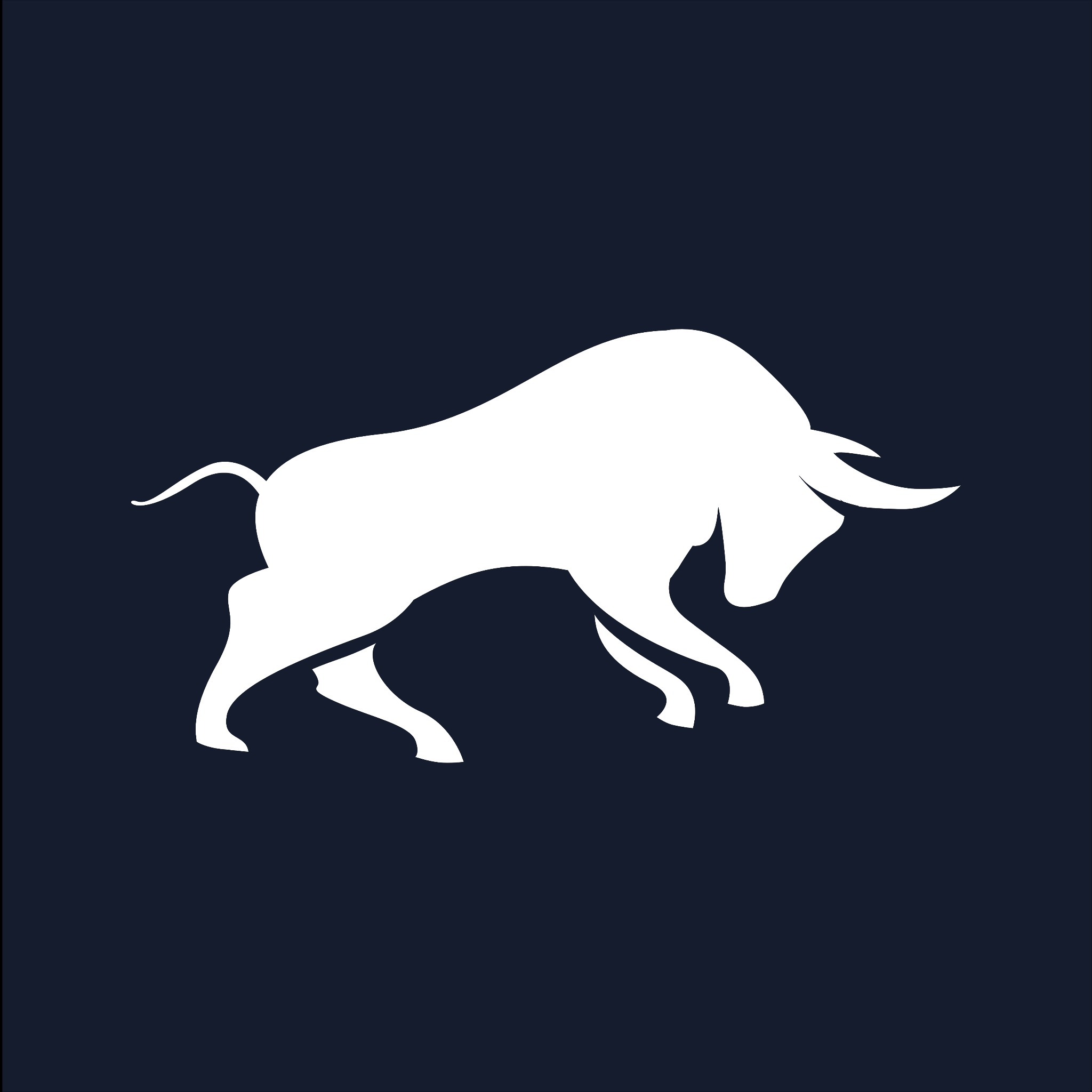 Biała sylwetka byka na ciemnoniebieskim tle. Grafika wektorowa, minimalistyczny design, symbol siły i stabilności, idealna do identyfikacji wizualnej firmy.