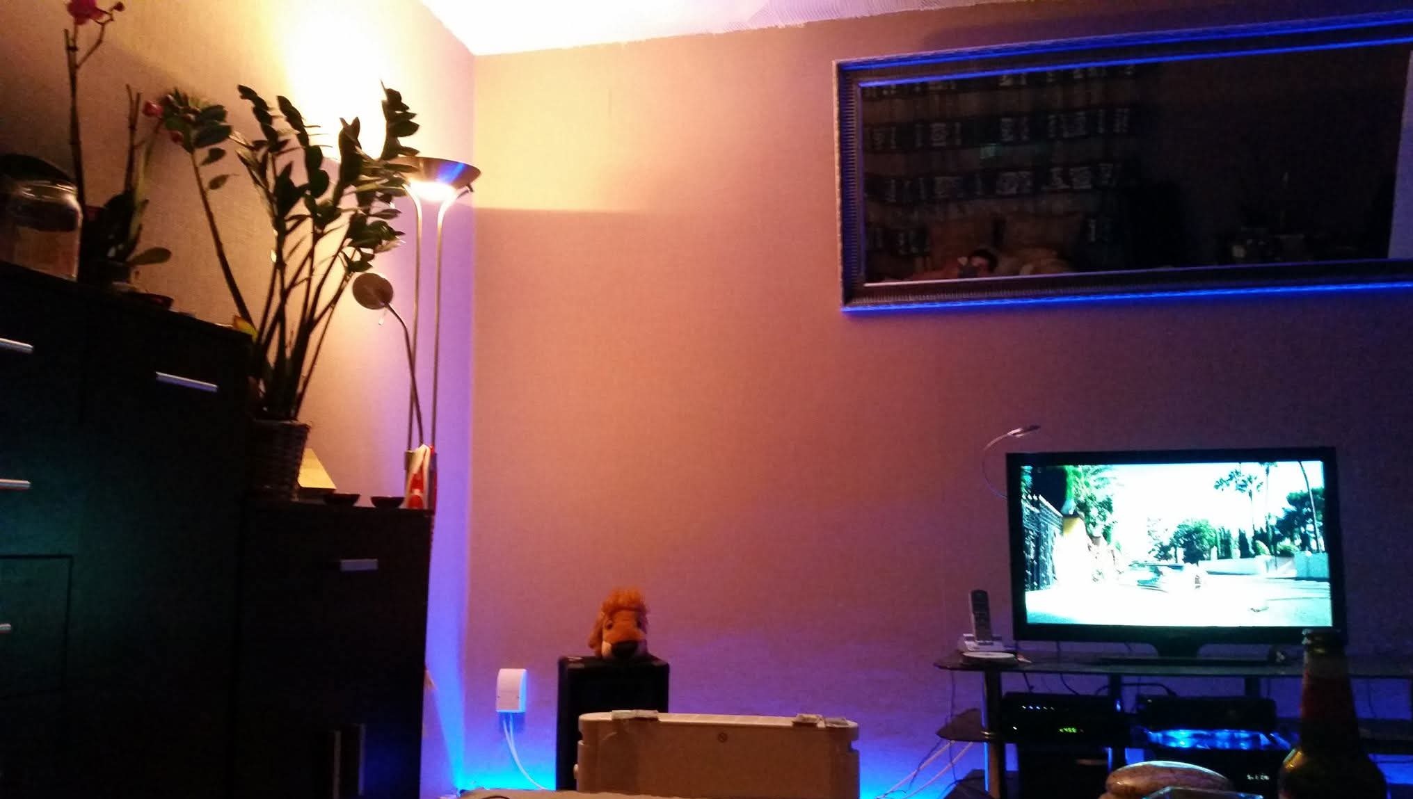 Nowoczesny salon po remoncie z oświetleniem LED podkreślającym ramę lustra i podłogę. Widoczne meble, rośliny, telewizor i dekoracje.