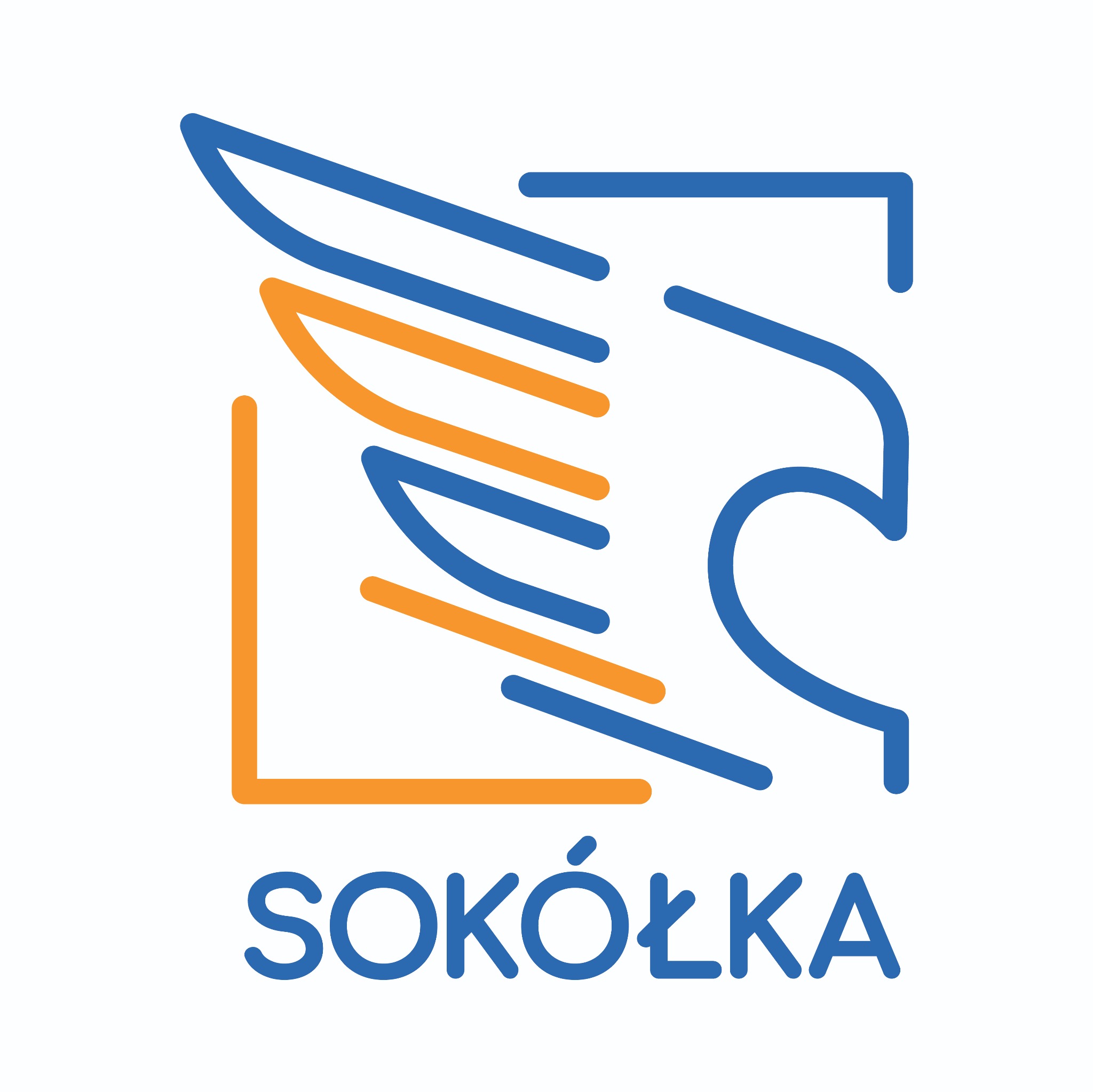 Logo firmy z Przytkowic. Stylizowany wizerunek orła w kolorach niebieskim i pomarańczowym, z nazwą firmy 'SOKÓŁKA' poniżej. Minimalistyczny design.