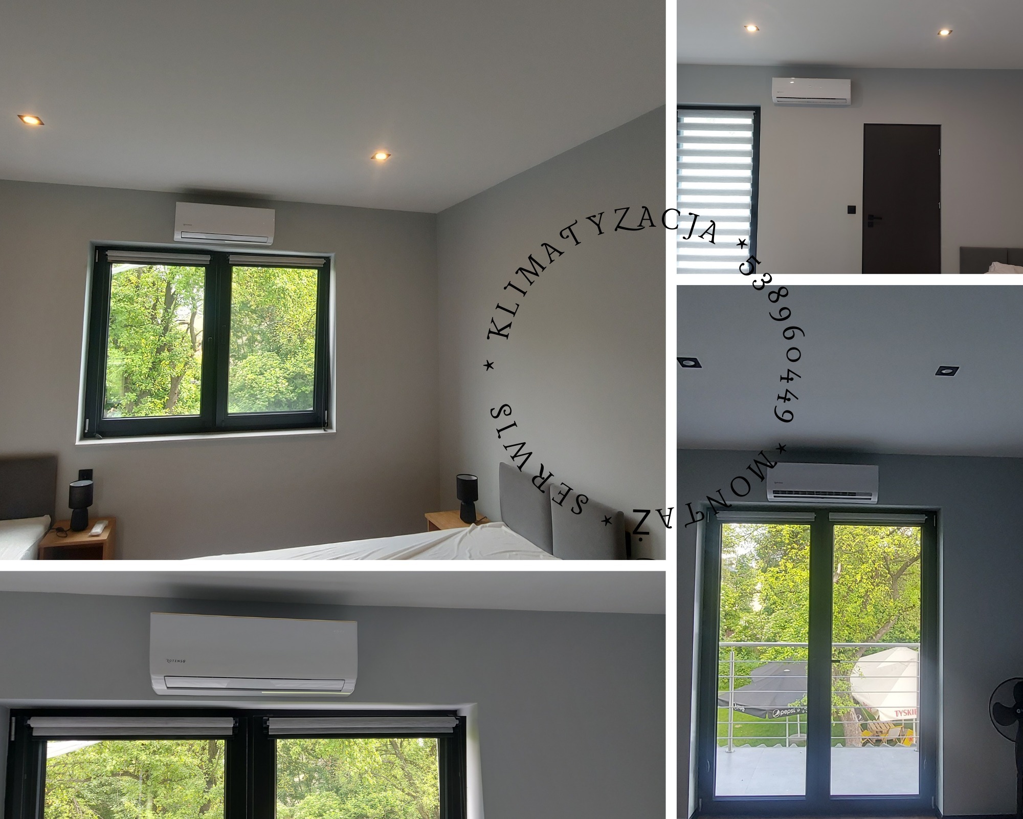Klimatyzator ROTENSO zamontowany nad oknem w szarym pokoju. Widok na zieleń za oknem. Na ścianie napis: Klimatyzacja, Serwis, Montaż i numer telefonu.
