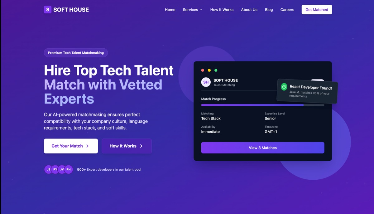 Strona internetowa Soft House prezentuje platformę do rekrutacji talentów IT. Interfejs w odcieniach fioletu, z informacją o dopasowaniu React Developera.