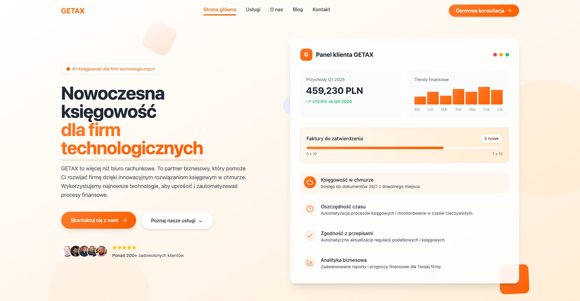 Nowoczesna strona internetowa firmy księgowej GETAX z panelem klienta, trendami finansowymi i informacjami o księgowości w chmurze, automatyzacji i analityce biznesowej.