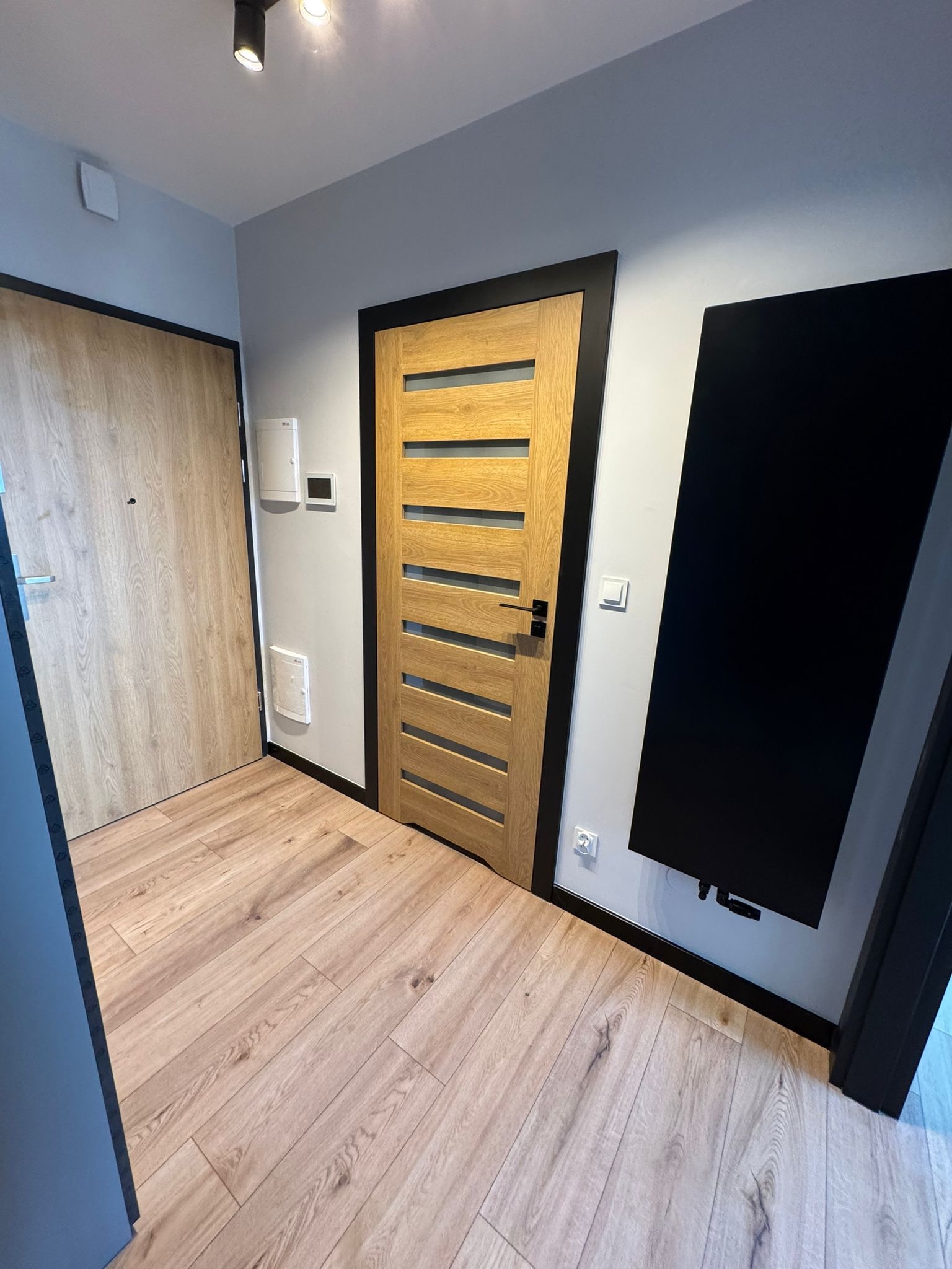 Nowoczesne wnętrze: drewniane drzwi z czarną ramą, panele podłogowe w odcieniach beżu i szarości, minimalistyczny grzejnik panelowy w kolorze czarnym.