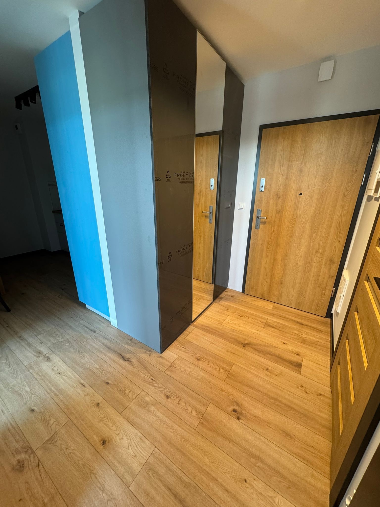 Nowoczesny przedpokój z drewnianą podłogą, lustrem w zabudowie i fragmentem ściany w kolorze błękitnym. Widoczne drzwi wejściowe z drewnianym wykończeniem.