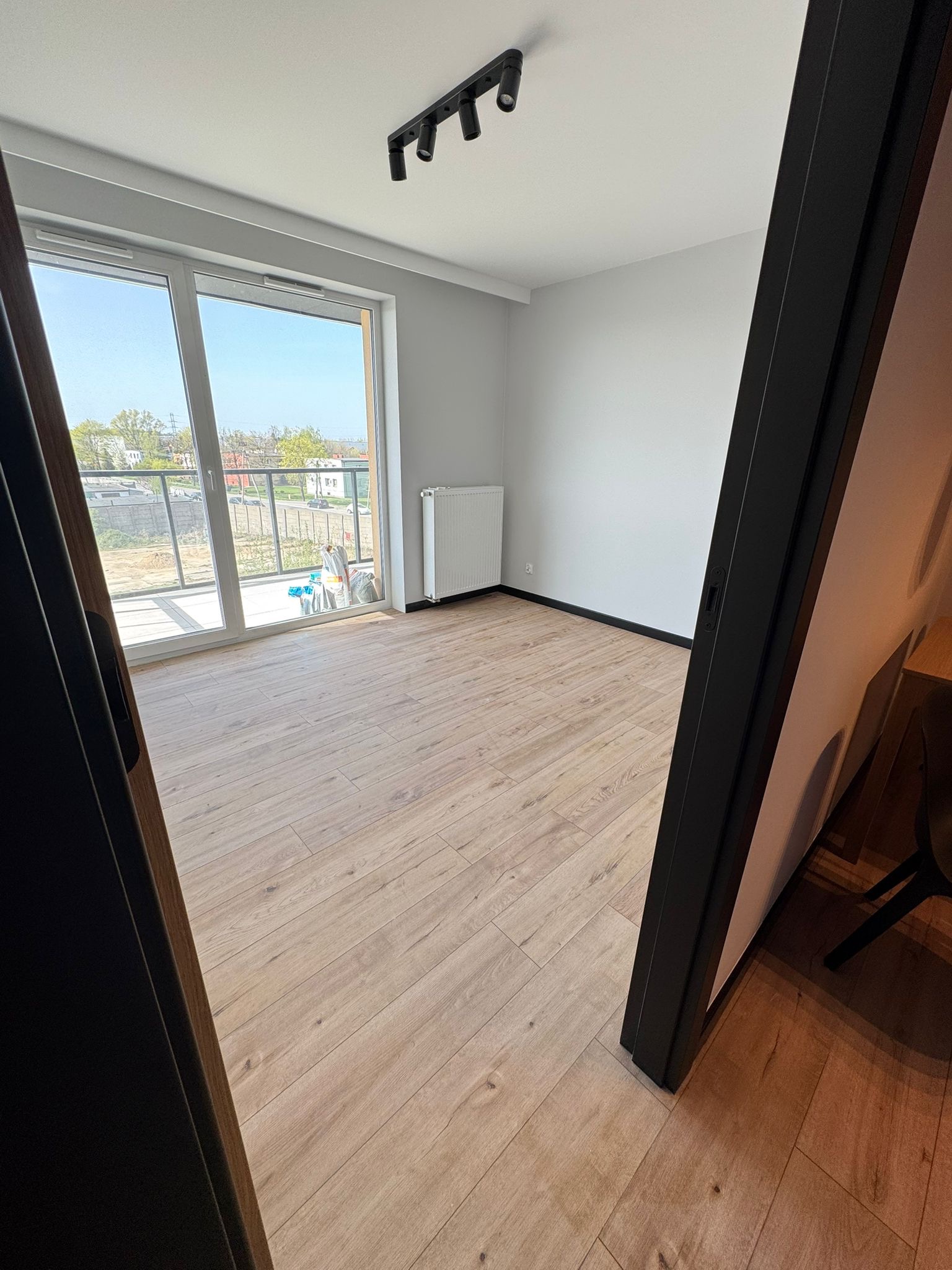 Jasne, puste wnętrze z drewnianą podłogą, widokiem na balkon i czarną ramą drzwi. Świeżo pomalowane ściany i nowoczesne oświetlenie sufitowe.