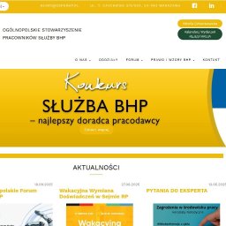 SimApps MARCIN SIARA - Żółto-biała strona internetowa Ogólnopolskiego Stowarzyszenia Pracowników Służby BHP z konkursem i aktualnościami. Widoczne logo i ikony mediów społecznościowych.