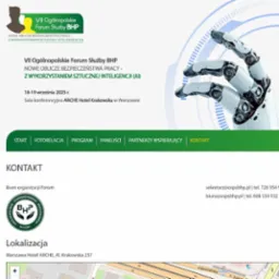 Grafika promująca VII Ogólnopolskie Forum Służby BHP z motywem sztucznej inteligencji i robotycznej dłoni. Zawiera datę i miejsce wydarzenia oraz dane kontaktowe.