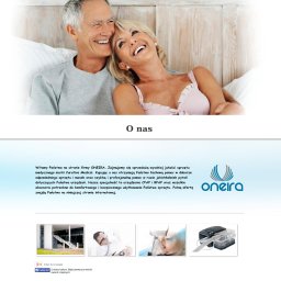SimApps MARCIN SIARA - Strona internetowa Oneira: uśmiechnięta para seniorów w łóżku, oferta sprzętu medycznego CPAP/BPAP, logo firmy w prawym dolnym rogu.
