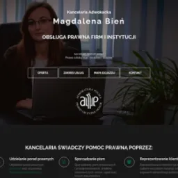 Strona internetowa kancelarii adwokackiej Magdaleny Bień, z ofertą obsługi prawnej firm i instytucji, logo kancelarii i danymi kontaktowymi.