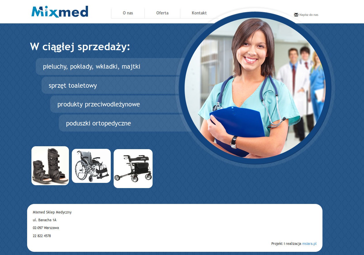 Strona internetowa sklepu medycznego Mixmed z uśmiechniętą lekarką, ofertą produktów (pieluchy, sprzęt toaletowy, poduszki ortopedyczne) i danymi kontaktowymi.