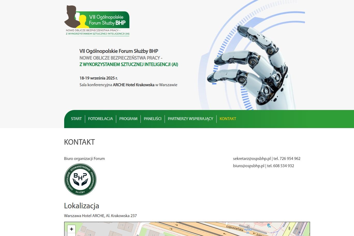 Grafika promująca VII Ogólnopolskie Forum Służby BHP z motywem sztucznej inteligencji i robotycznej dłoni. Zawiera datę i miejsce wydarzenia oraz dane kontaktowe.