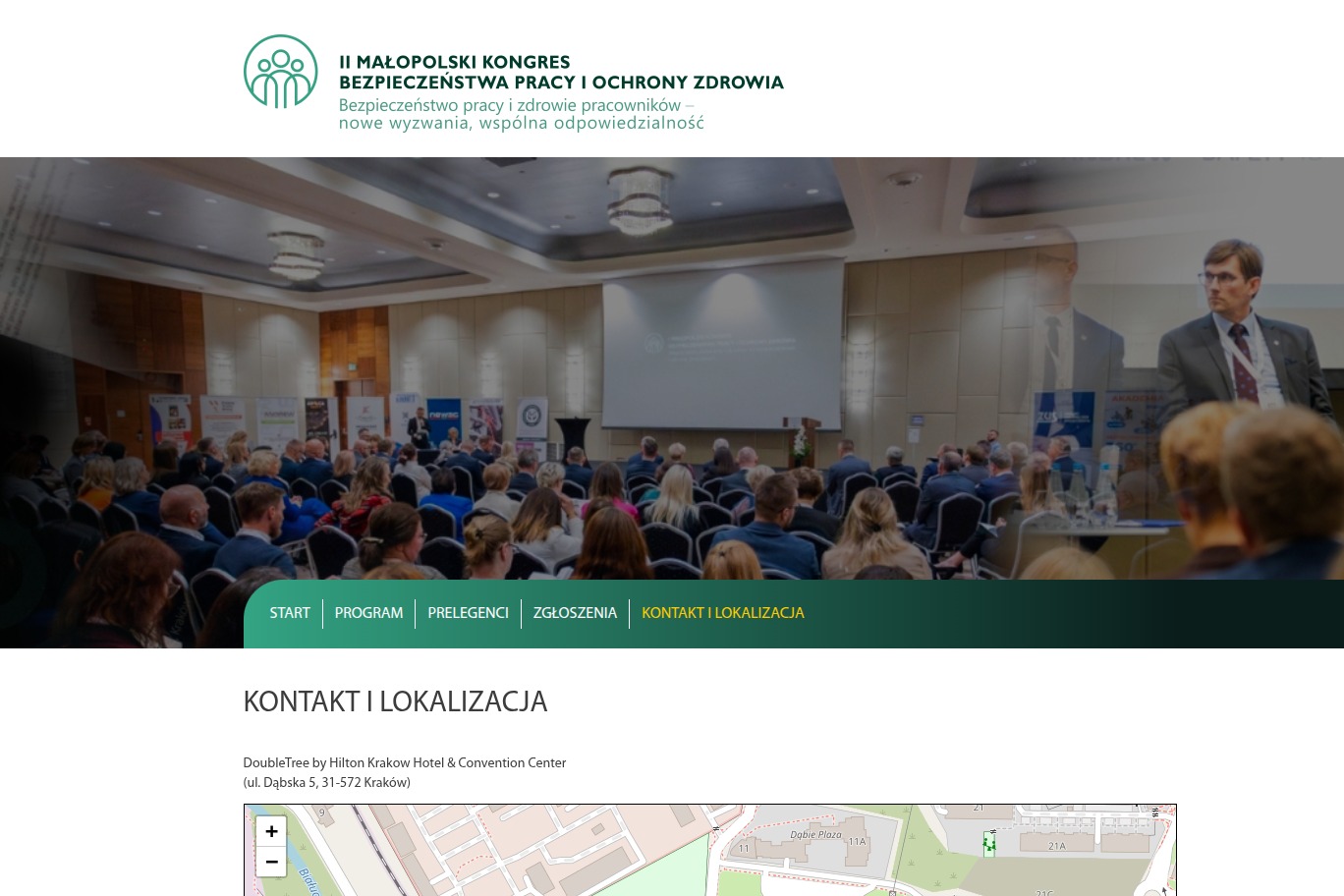 Zdjęcie z II Małopolskiego Kongresu Bezpieczeństwa Pracy i Ochrony Zdrowia. Sala konferencyjna wypełniona uczestnikami, prelegent na scenie.