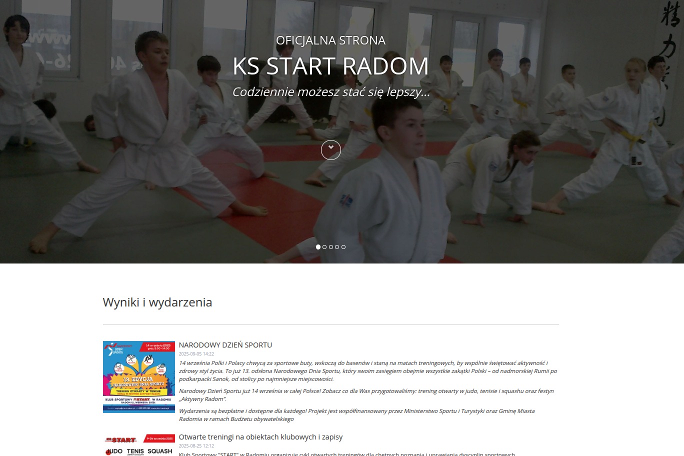 Strona internetowa klubu sportowego KS Start Radom z grupą dzieci trenujących judo. Jasne kimona, dynamiczne pozy, oficjalna strona klubu.