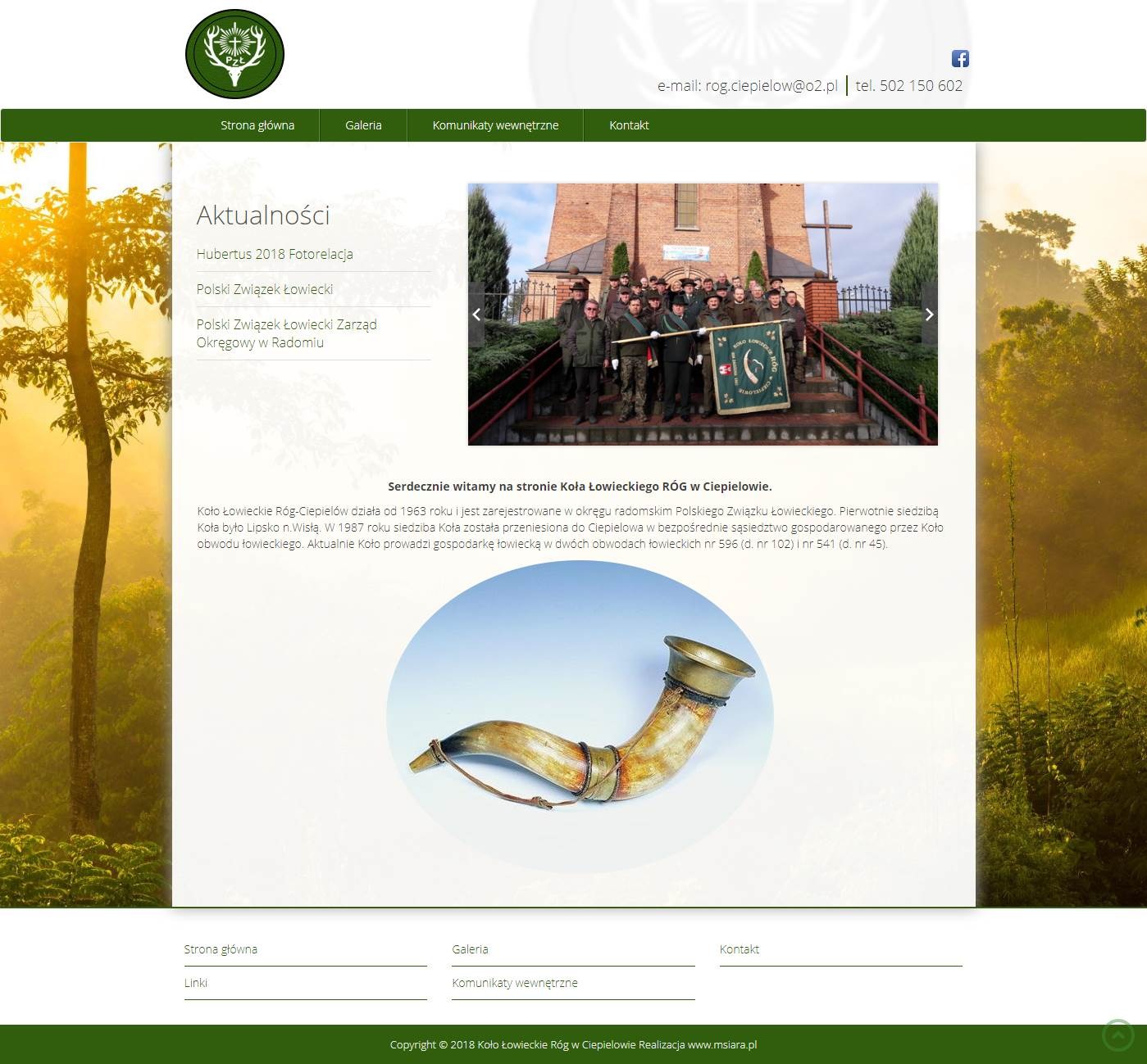 Strona internetowa Koła Łowieckiego Róg w Ciepielowie z aktualnościami, galerią i danymi kontaktowymi. Widoczny zespół myśliwych na tle kościoła.