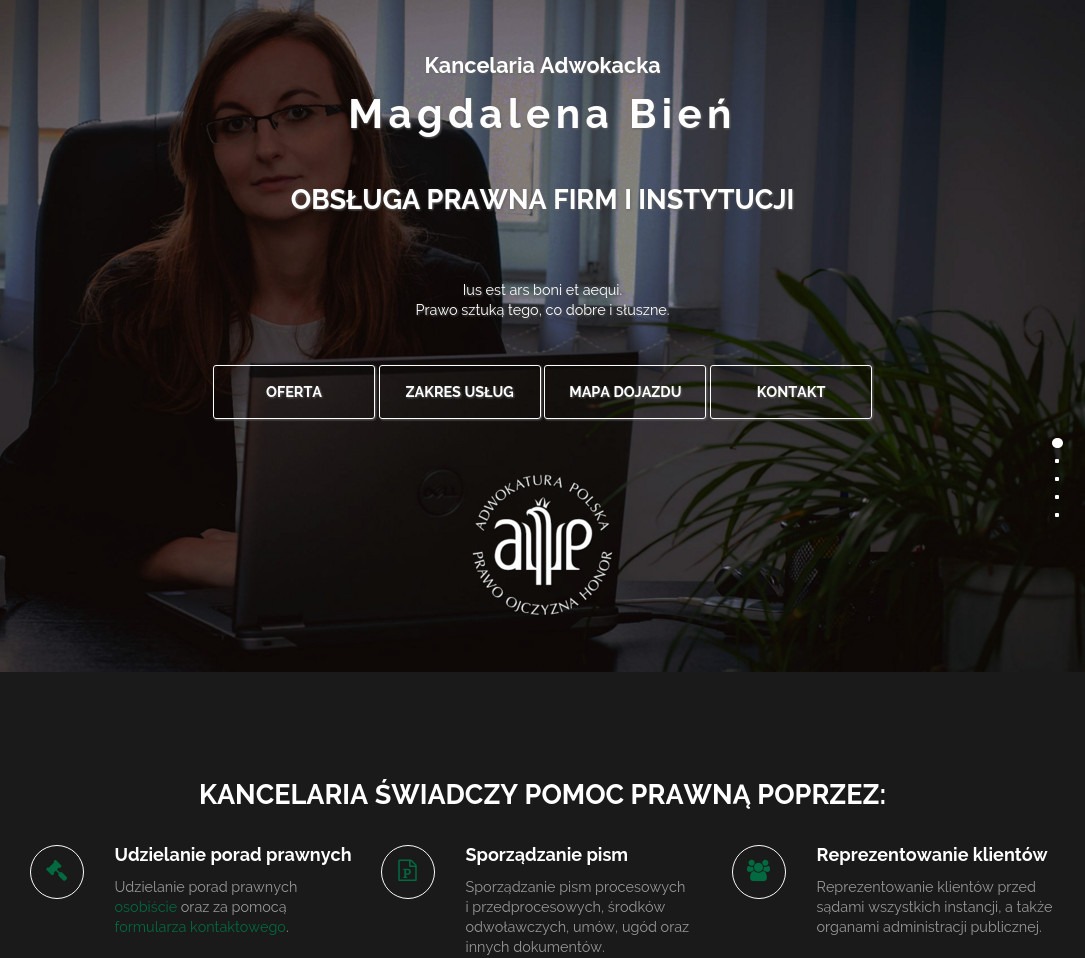 Strona internetowa kancelarii adwokackiej Magdaleny Bień, z ofertą obsługi prawnej firm i instytucji, logo kancelarii i danymi kontaktowymi.