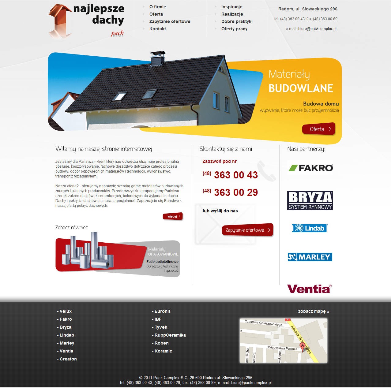 Strona www firmy dekarskiej Pack Complex z Radomia. Na stronie wizualizacja domu z ciemnym dachem, logo firmy, menu, dane kontaktowe i lista partnerów.