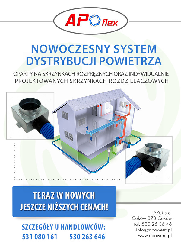 Schemat instalacji wentylacji w przekroju domu, z zaznaczonymi kanałami doprowadzającymi i odprowadzającymi powietrze. Reklama firmy APO flex.