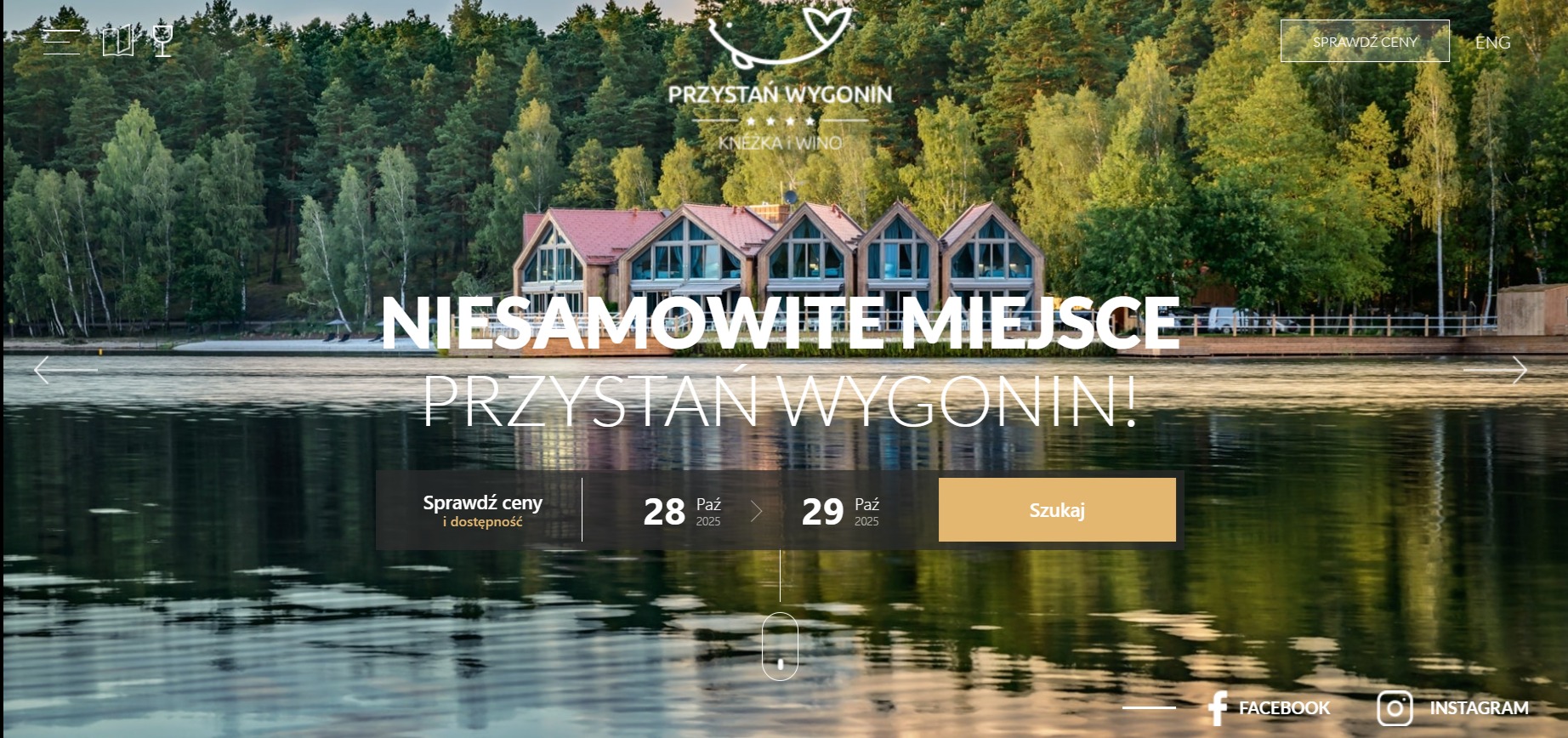 Strona internetowa z widokiem na jezioro i budynki 'Przystań Wygonin'. Grafika z logo, tekstem 'Niesamowite miejsce Przystań Wygonin!' i formularzem rezerwacji.