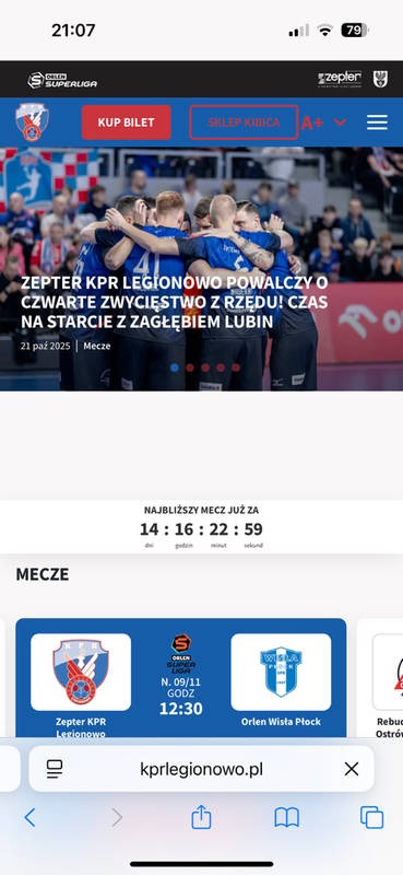 Zrzut ekranu strony internetowej KPR Legionowo z informacjami o meczach, logo klubu i odnośnikami do zakupu biletów oraz sklepu kibica.