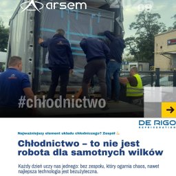 ARSEM sp z o.o. klimatyzacja, chłodnictwo, pompy ciepła, rekuperacja, wentylacja - Zespół w trakcie rozładunku chłodniczego urządzenia z ciężarówki. Widoczny budynek z napisem ELEKT. Hasło #chłodnictwo.