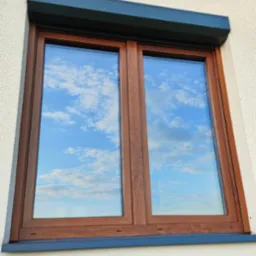 Czyste okno z brązową ramą i roletą w Lidzbarku odbija błękitne niebo z chmurami. Świeżo umyte okno w elewacji budynku. Widok z zewnątrz, jasne światło.