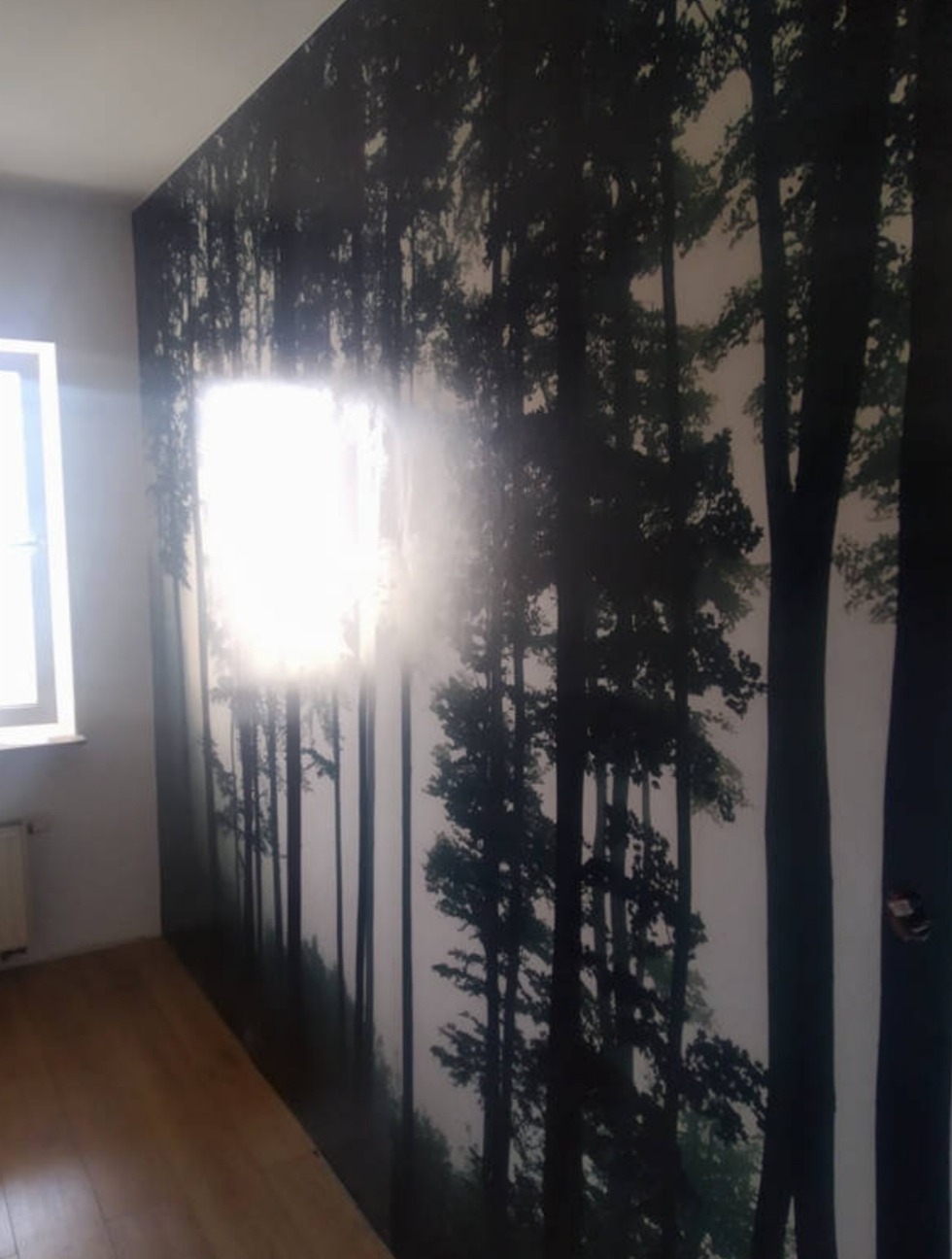 Ściana z fototapetą leśną w pokoju z drewnianą podłogą i oknem. Widoczny fragment grzejnika. Fototapeta z motywem drzew w odcieniach szarości i bieli.