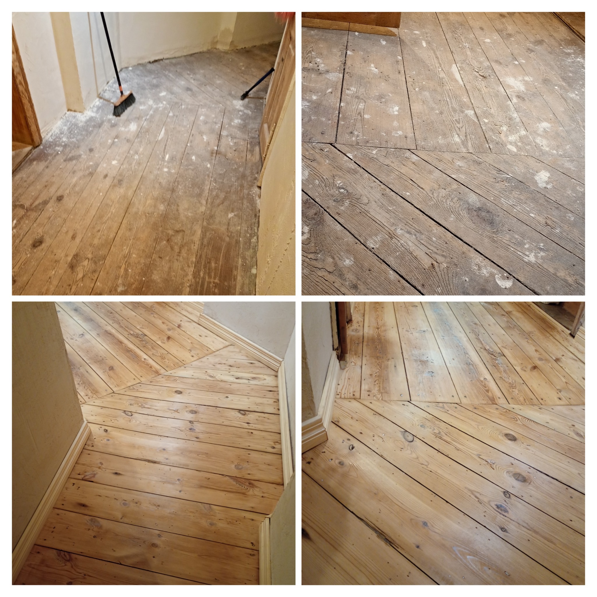 Kolaż prezentujący etapy renowacji drewnianej podłogi: od stanu surowego, przez szlifowanie, po wykończoną, jasną powierzchnię. Widoczne detale układania parkietu.
