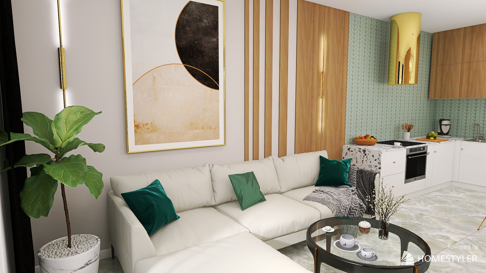 Wnętrze mieszkania: biała sofa narożna z zielonymi poduszkami, abstrakcyjny obraz w złotej ramie, okrągły stolik kawowy i kuchnia w tle z złotym okapem.
