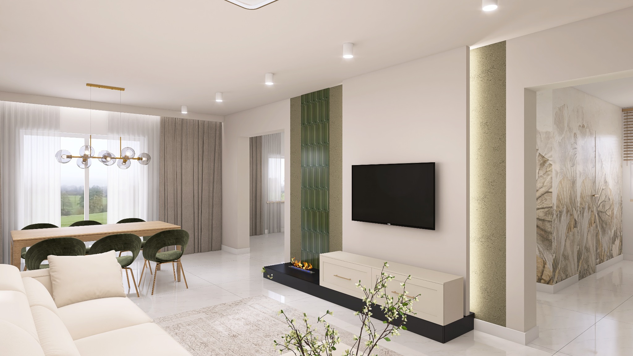 Wnętrze salonu z jadalnią: biała sofa, stół z zielonymi krzesłami, telewizor na ścianie, dekoracyjny kominek i kolumna z zielonymi lamelami. Nowoczesny design.
