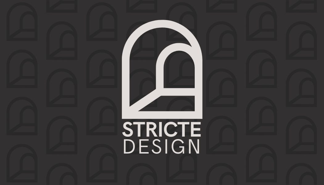 Graficzne logo 'STRICTE DESIGN' w jasnej tonacji na ciemnym tle z powtarzalnym motywem architektonicznym. Minimalistyczny design.