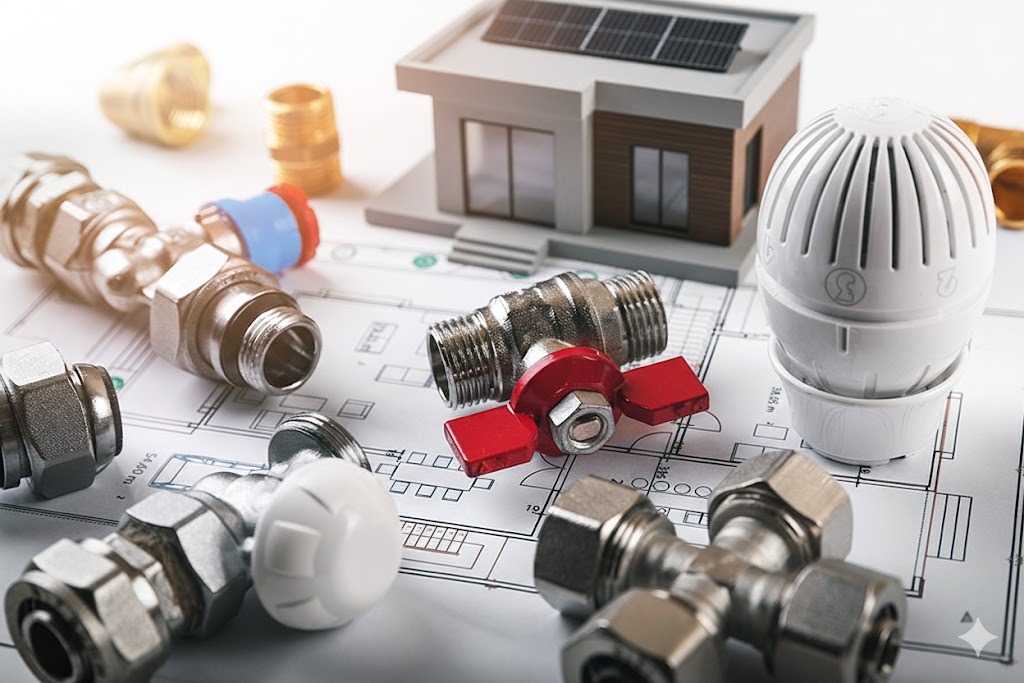 Elementy instalacji CO na planie domu z panelami słonecznymi: zawory, złączki, termostat. Precyzyjne detale, oświetlenie podkreśla metaliczny połysk.