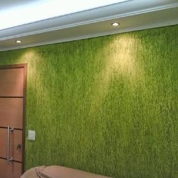 JS BRASIL - Zielona ściana z fakturą baranka, oświetlona punktowo, z drewnianymi drzwiami z metalową klamką. Widoczny fragment sufitu z listwą dekoracyjną.