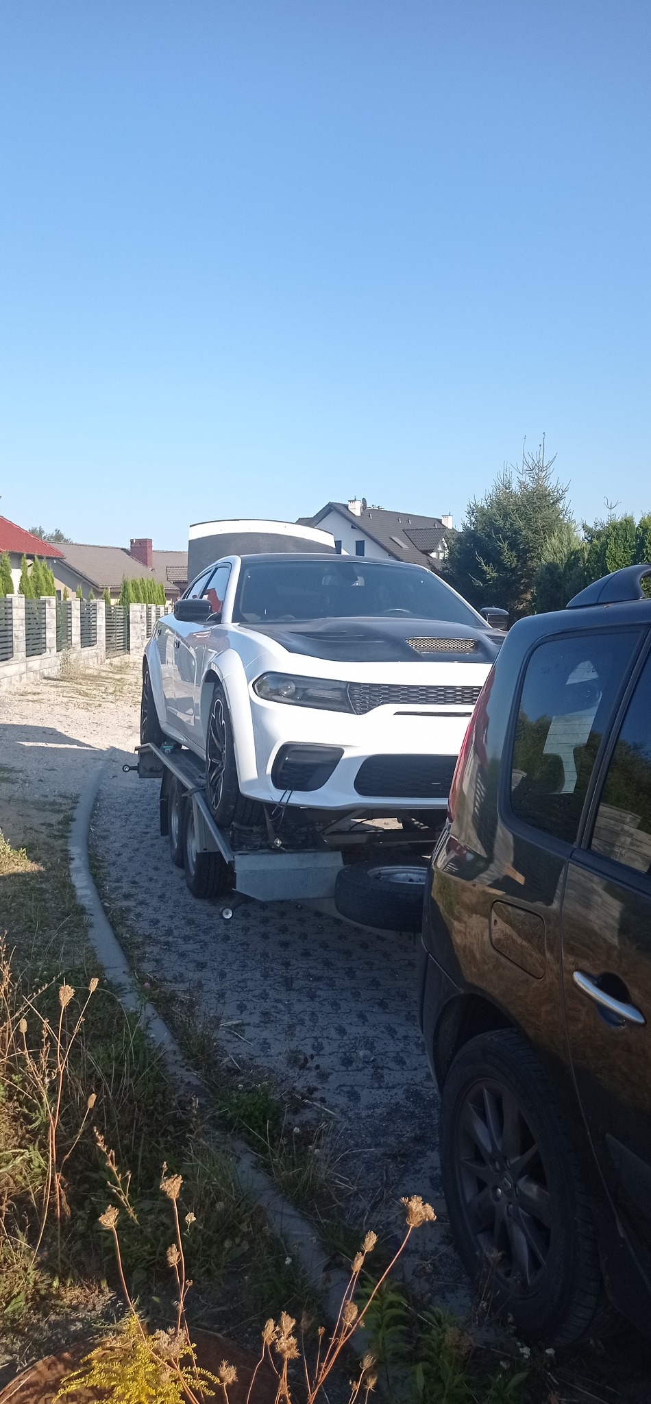 Biały sportowy samochód z czarną maską transportowany na niskopodwoziowej przyczepie w słoneczny dzień. Widoczne domy w tle.