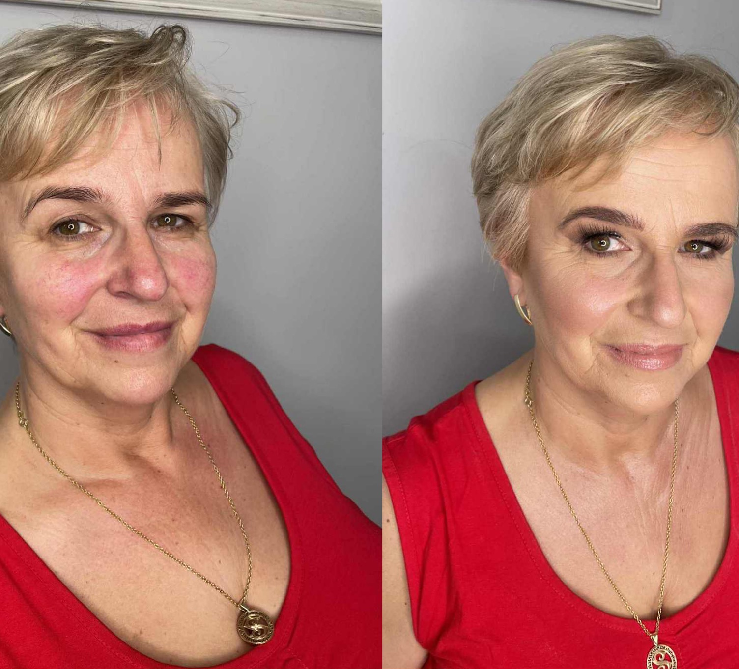 Portret kobiety przed i po delikatnym makijażu, z widoczną różnicą w podkreśleniu oczu i wyrównaniu kolorytu cery. Złoty naszyjnik z medalionem.