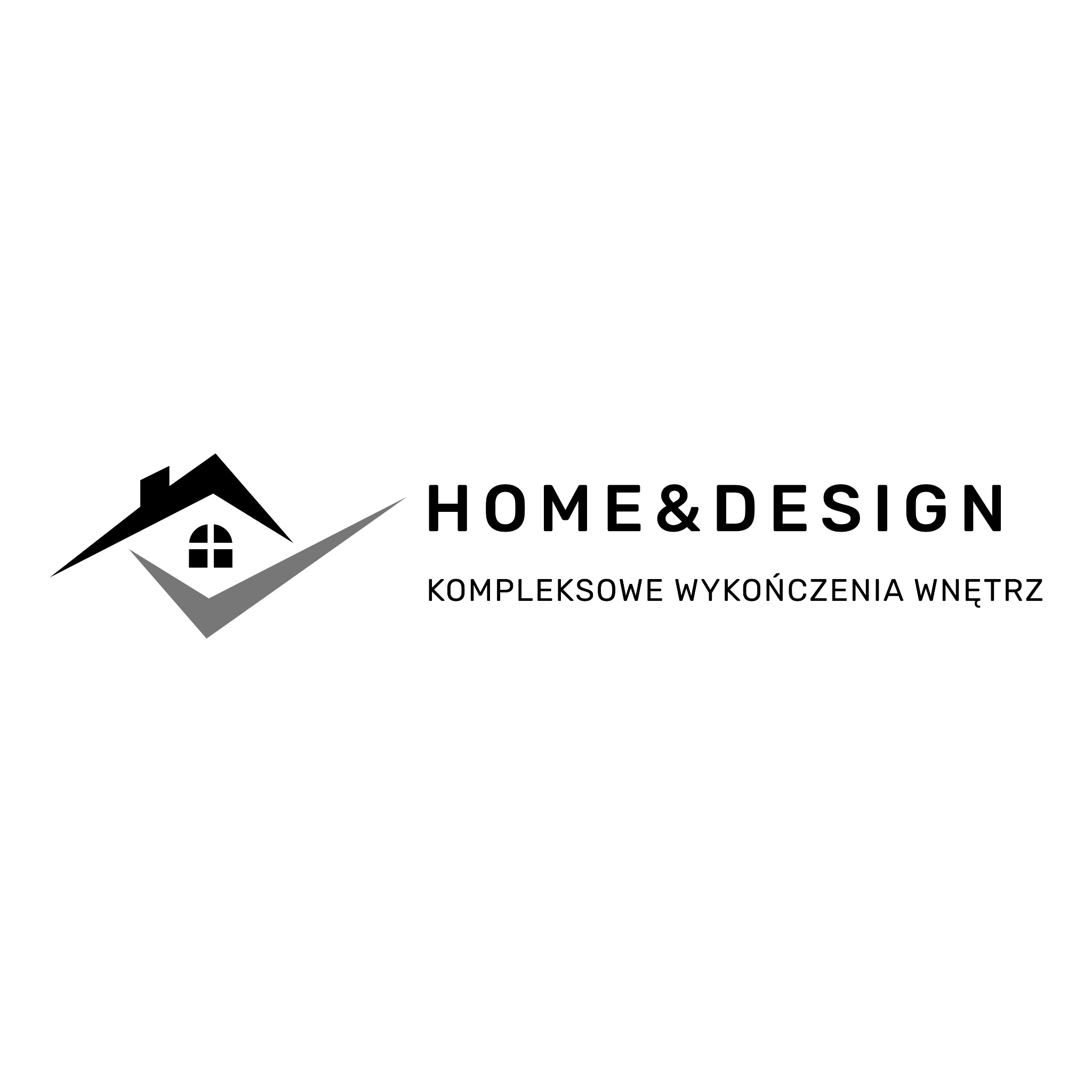 Logo firmy Home&Design z motywem domu i odhaczenia, oferującej kompleksowe wykończenia wnętrz. Minimalistyczny design w czerni i szarości na białym tle.