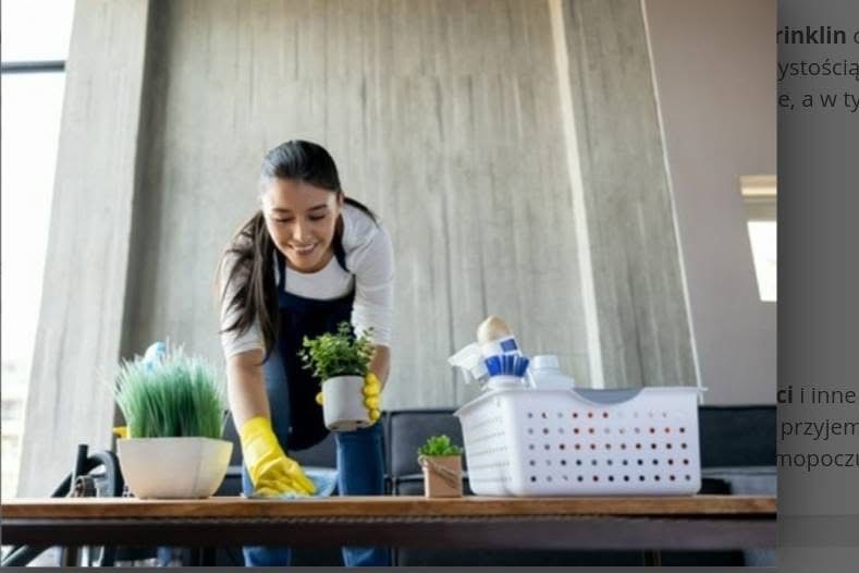 Uśmiechnięta kobieta w fartuchu i żółtych rękawicach czyści drewniany stół z roślinami doniczkowymi i koszem środków czystości w jasnym wnętrzu.