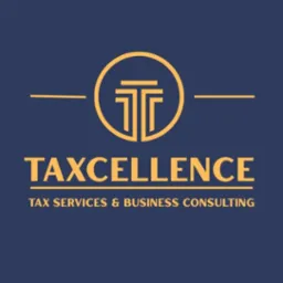 Logo firmy Taxcellence: złoty symbol w okręgu, nazwa firmy i opis usług (Tax Services & Business Consulting) na granatowym tle. Minimalistyczny design.
