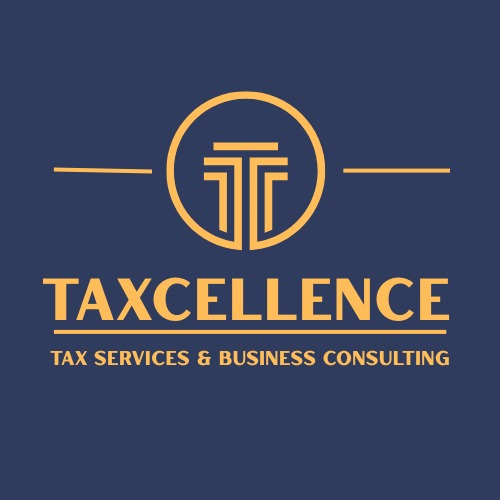 Logo firmy Taxcellence: złoty symbol w okręgu, nazwa firmy i opis usług (Tax Services & Business Consulting) na granatowym tle. Minimalistyczny design.