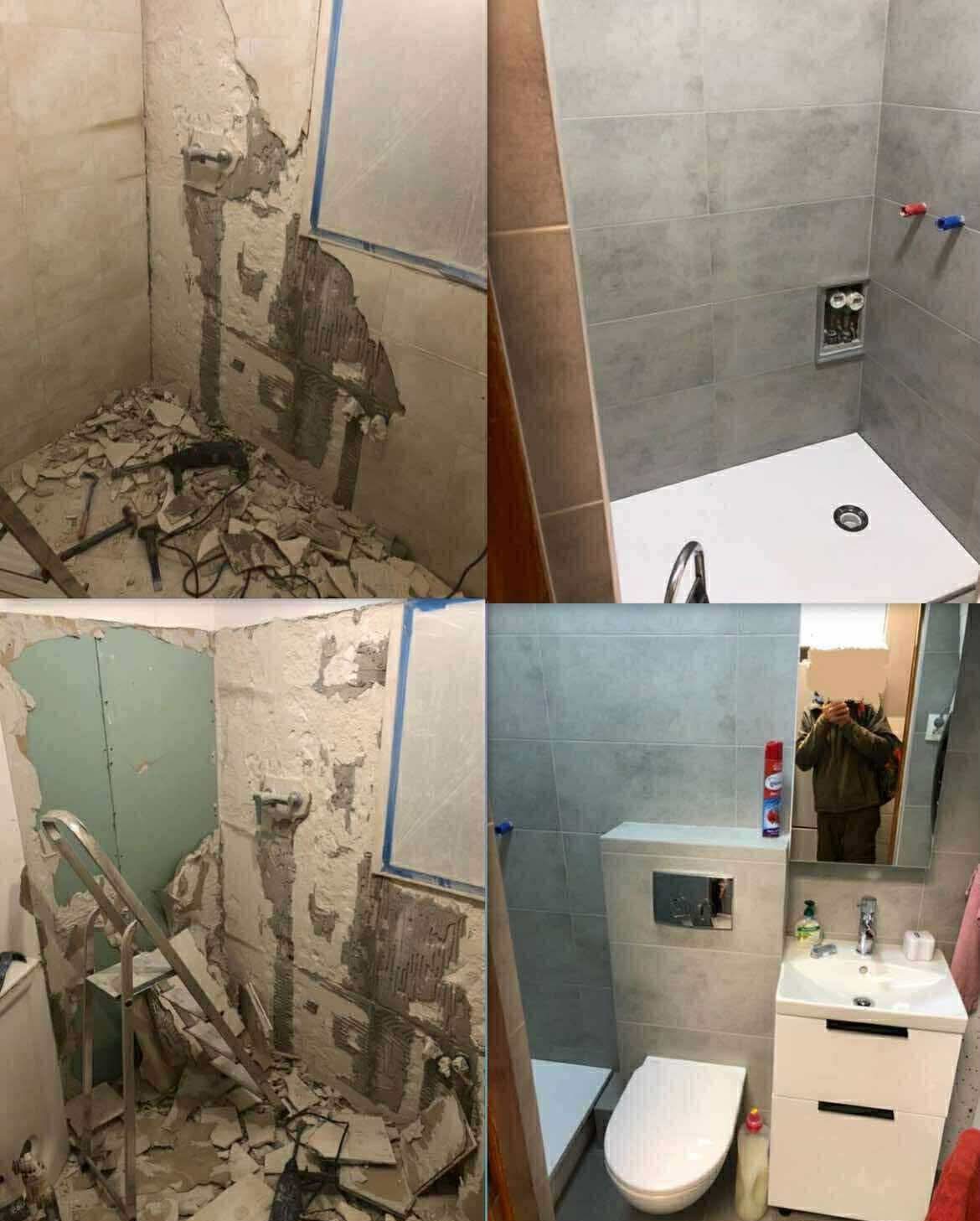 Remont łazienki: kolaż 'przed' z gruzem i 'po' z szarą glazurą, białą armaturą i odbiciem fotografa w lustrze. Widoczne etapy prac.