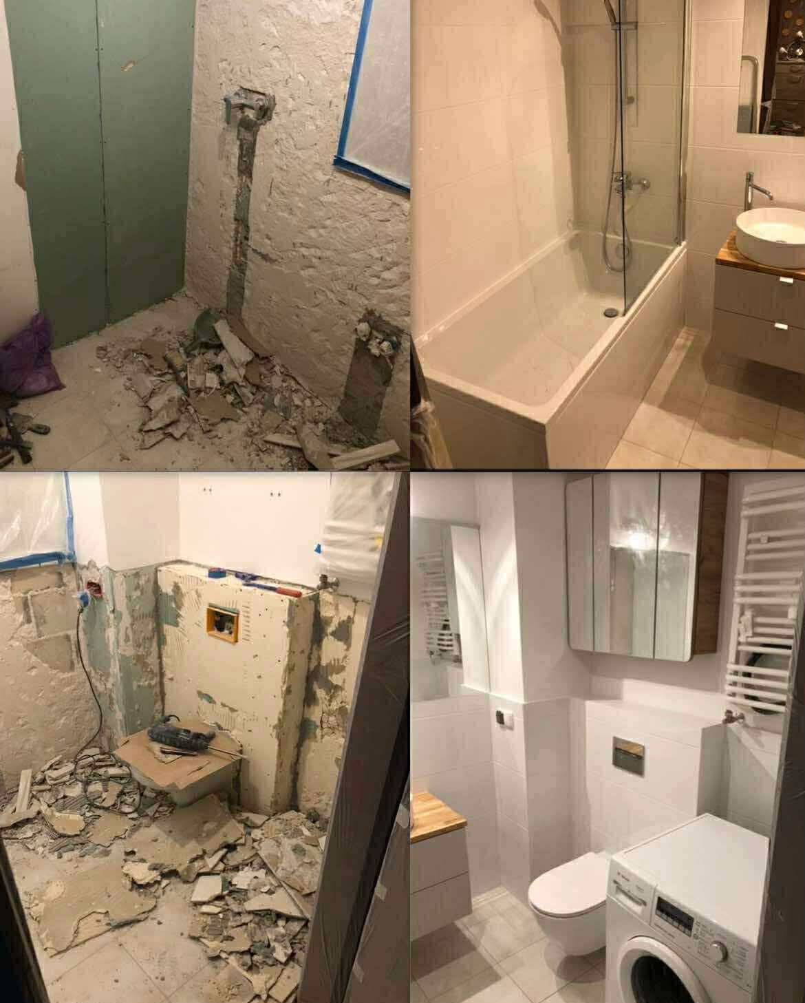 Remont łazienki: kolaż 'przed' i 'po' z widocznymi etapami prac, od stanu surowego po wykończoną, nowoczesną łazienkę z białą armaturą i pralką.