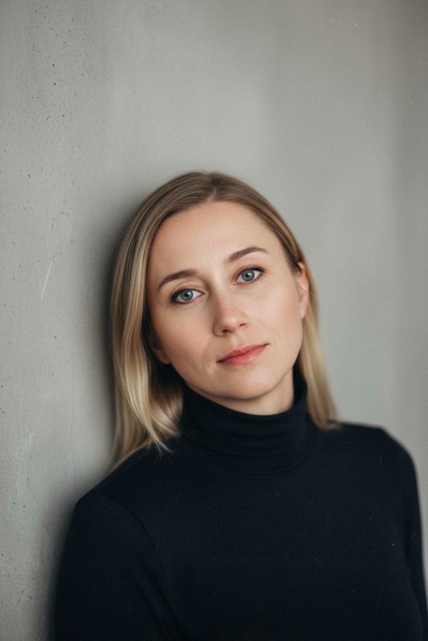 Portret kobiety o jasnych włosach i niebieskich oczach, opierającej się o szarą ścianę. Ubrana w czarny golf, patrzy w obiektyw z delikatnym uśmiechem.