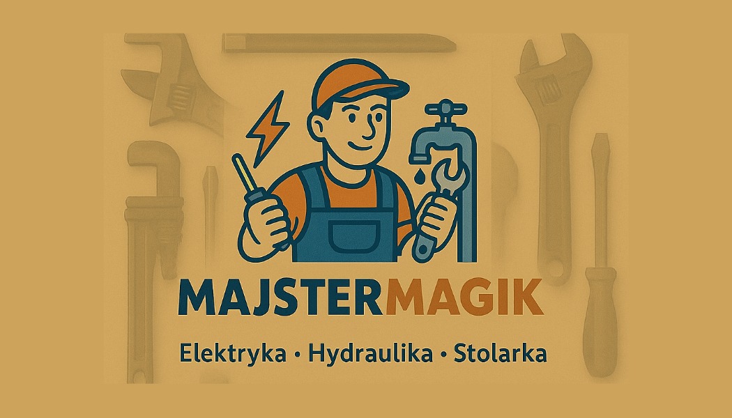 Ilustracja z logotypem firmy 'Majster Magik' oferującej usługi elektryczne, hydrauliczne i stolarskie. W tle narzędzia.