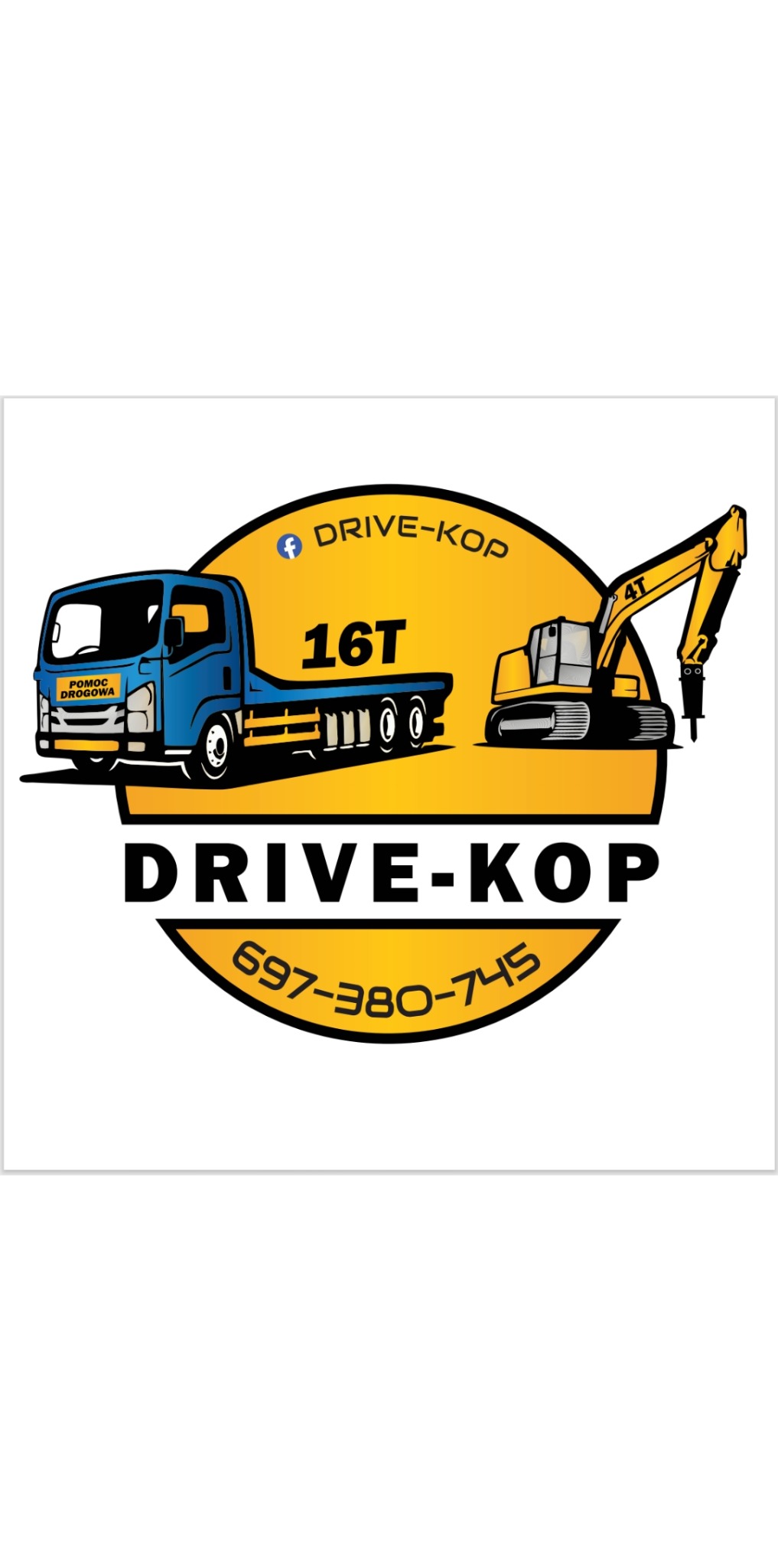 Logo firmy Drive-Kop z niebieską lawetą, żółtym tłem i sylwetką koparki. Numer telefonu 697-380-745. Napis 16T.