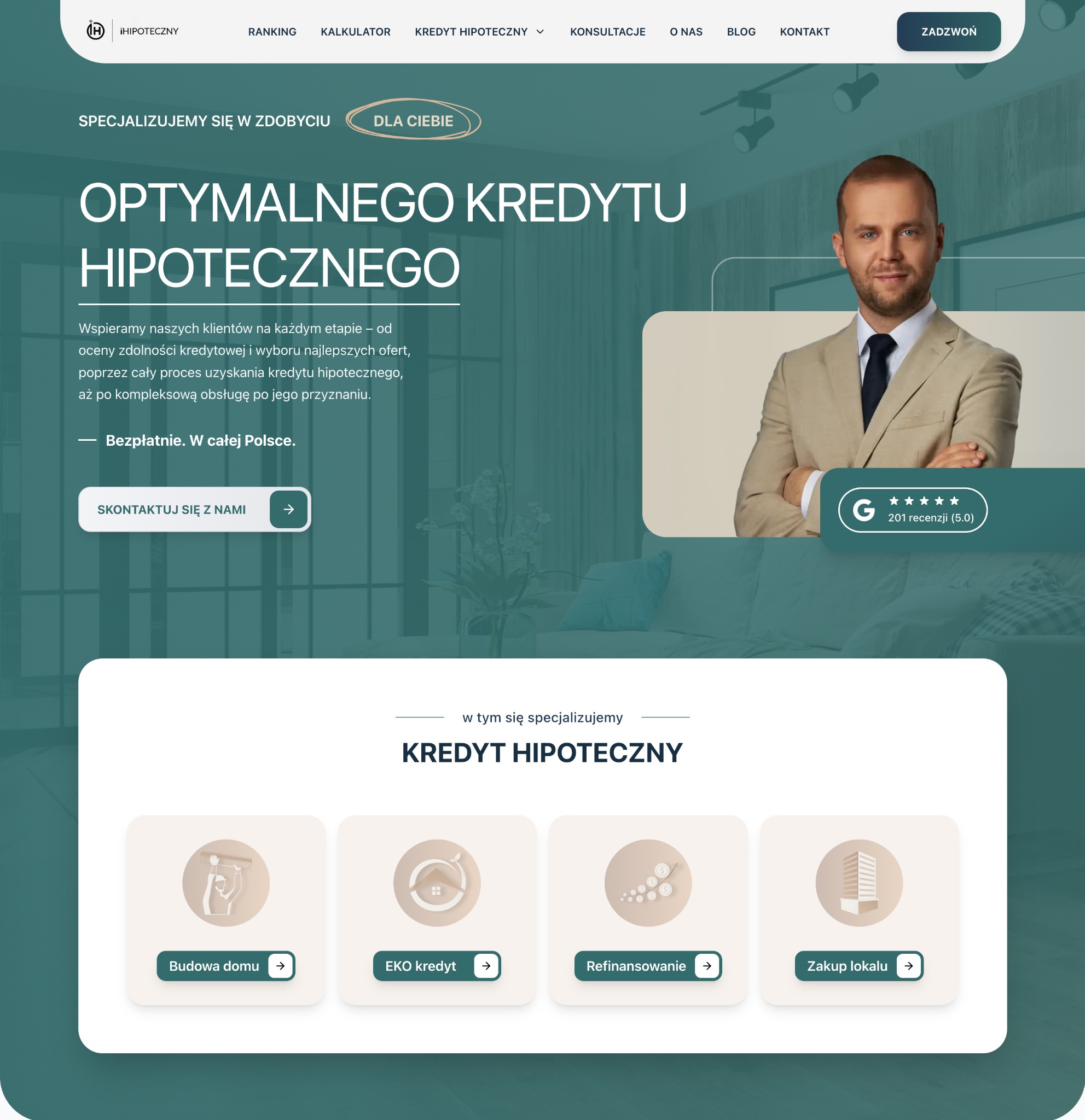 Strona internetowa firmy iHipoteczny z ofertą kredytów hipotecznych. Widoczny wizerunek doradcy, informacje o ofercie i ikony z odnośnikami do budowy domu, eko kredytu i zakupu lokalu.