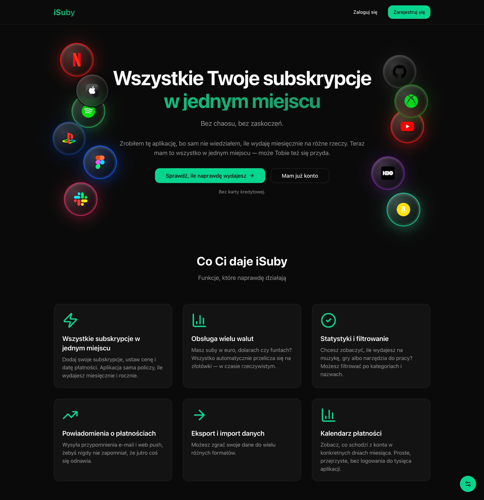 iSuby - strona aplikacji do zarządzania subskrypcjami. Neonowe ikony Netflix, Apple, Spotify, PlayStation, HBO. Hasło: Wszystkie Twoje subskrypcje w jednym miejscu.