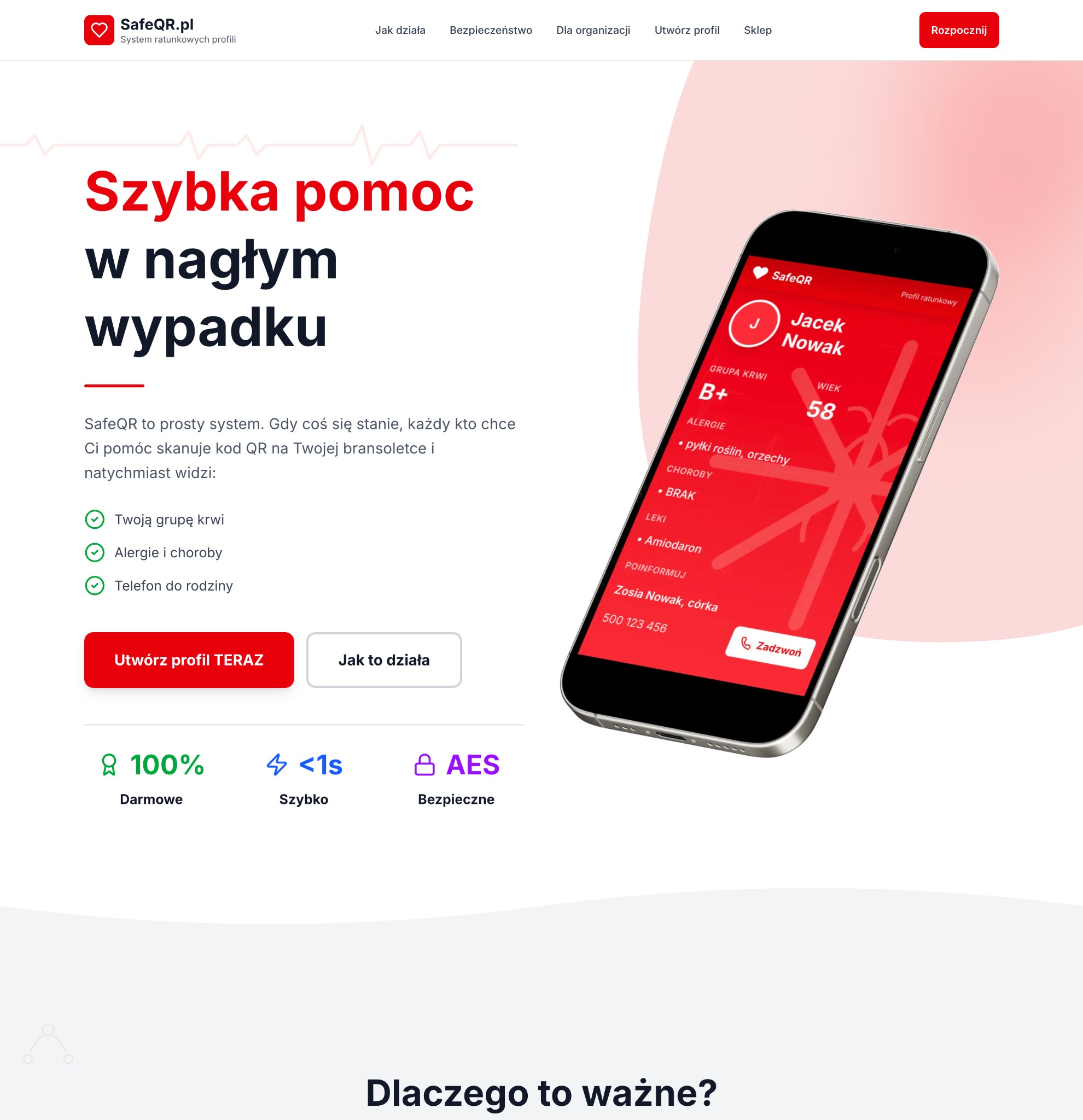 Aplikacja SafeQR na smartfonie z profilem ratunkowym Jacka Nowaka, wyświetlająca grupę krwi, alergie i kontakt do córki. Darmowa, szybka i bezpieczna pomoc w nagłym wypadku.
