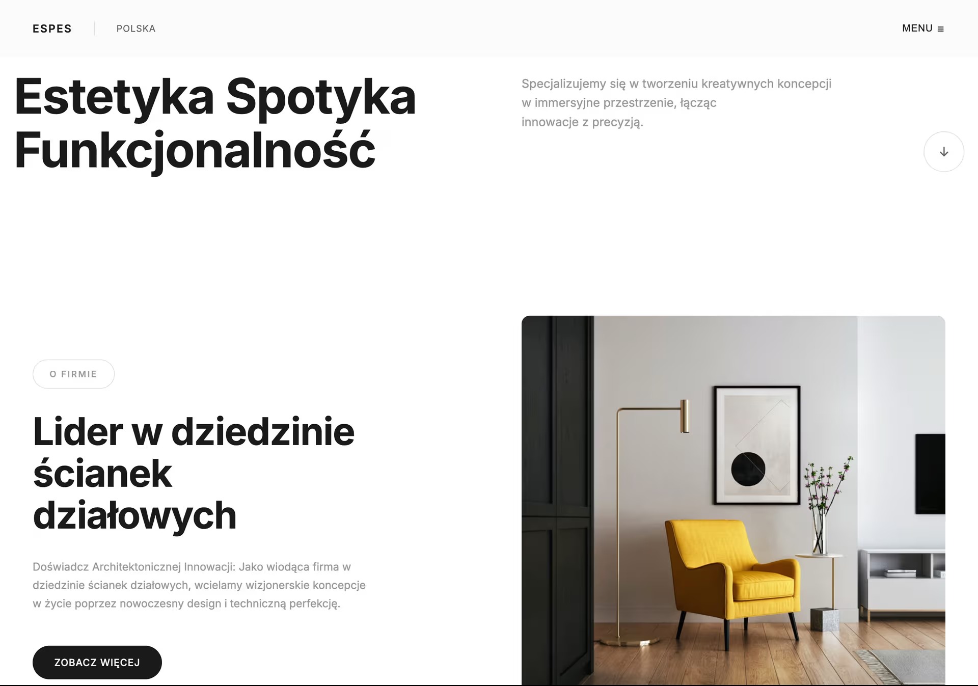 Strona internetowa firmy ESPES z hasłem 'Estetyka Spotyka Funkcjonalność'. Żółty fotel i grafika w tle. Minimalistyczny design strony.