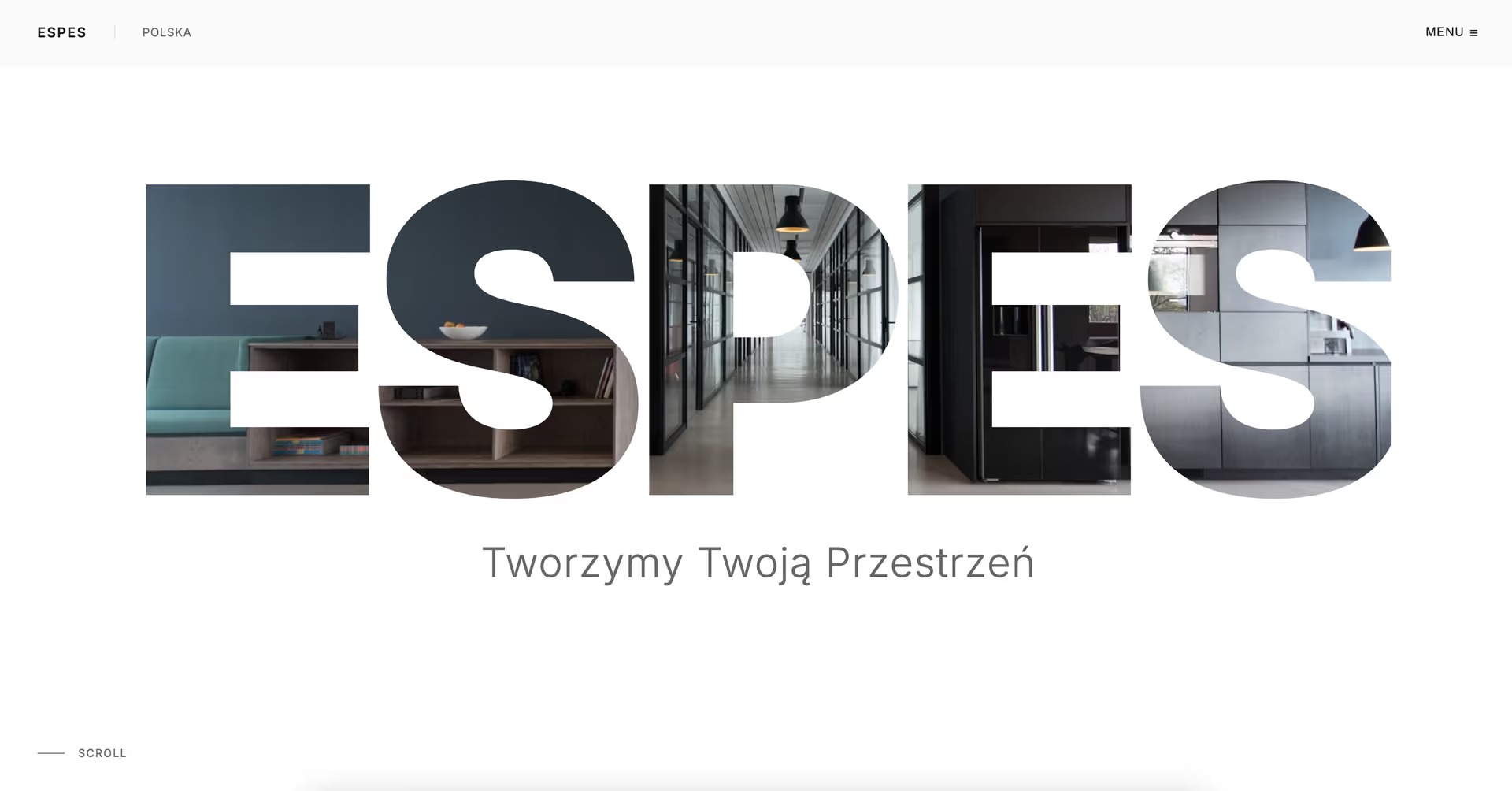 Strona internetowa firmy ESPES z hasłem 'Tworzymy Twoją Przestrzeń'. Litery wypełnione zdjęciami wnętrz: salonu, biura i kuchni. Minimalistyczny design strony.
